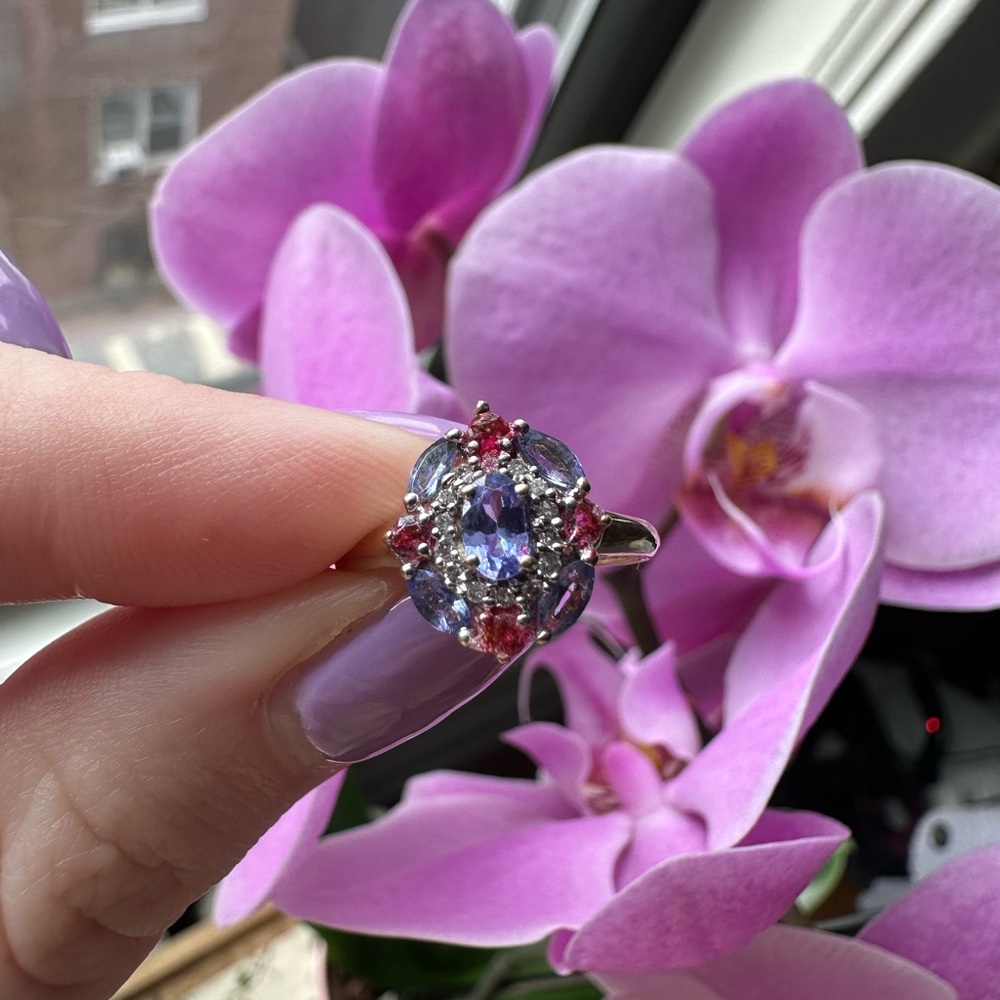 14K SOLID YELLOW GOLD GENUINE DIAMOND AMETHYST AND PINK SAPPHIRE SIZE 5